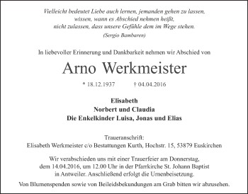 Anzeige von Arno Werkmeister von  Blickpunkt Euskirchen 