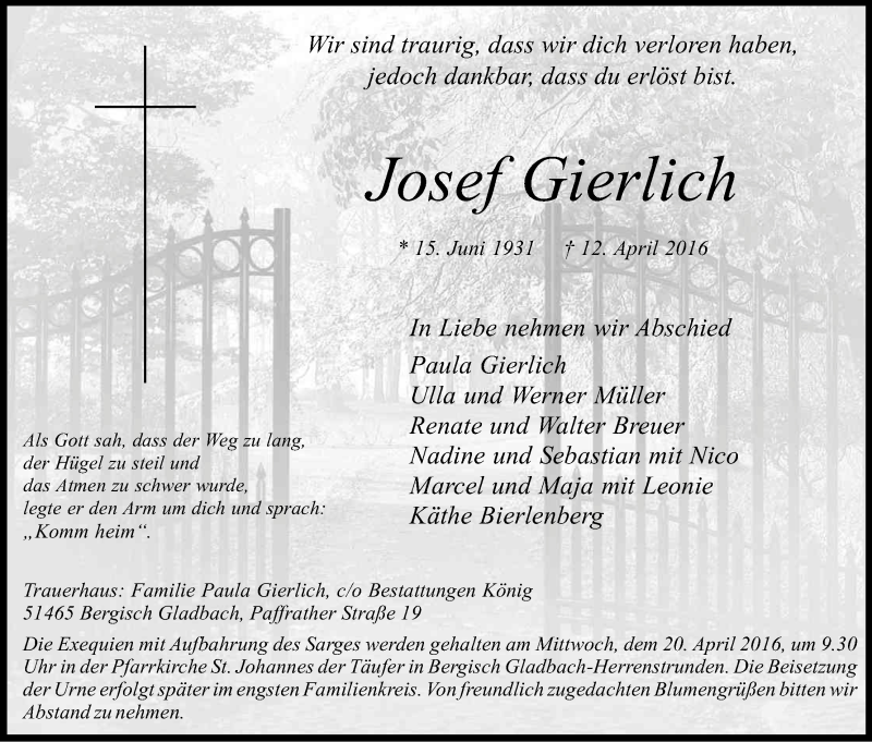  Traueranzeige für Josef Gierlich vom 19.04.2016 aus Kölner Stadt-Anzeiger / Kölnische Rundschau / Express