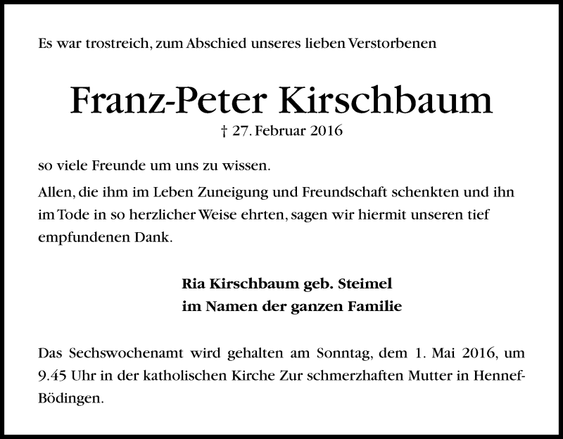  Traueranzeige für Franz-Peter Kirschbaum vom 16.04.2016 aus Kölner Stadt-Anzeiger / Kölnische Rundschau / Express