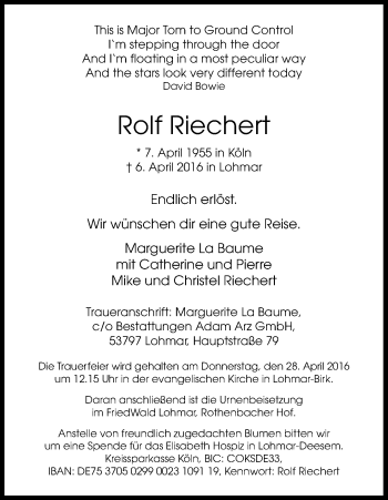 Anzeige von Rolf Riechert von Kölner Stadt-Anzeiger / Kölnische Rundschau / Express