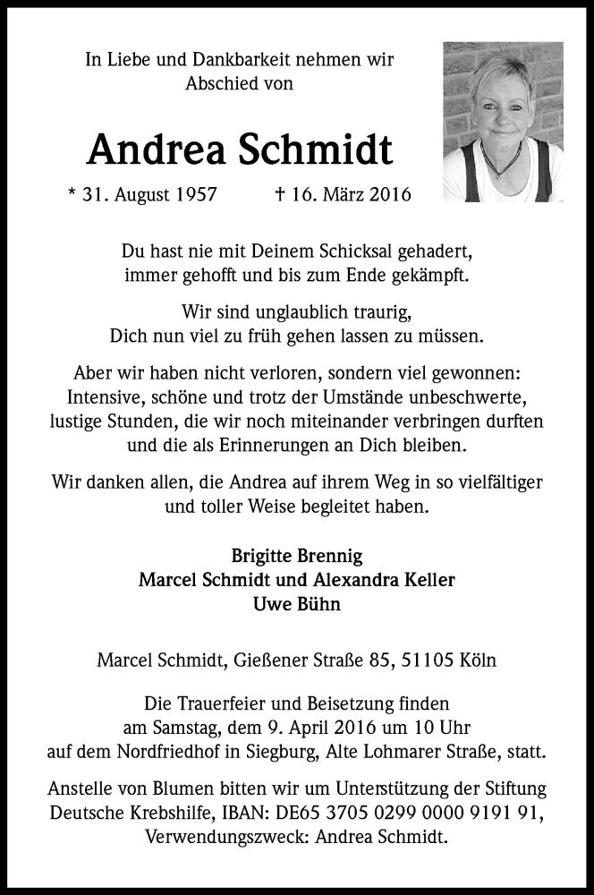  Traueranzeige für Andrea Schmidt vom 05.04.2016 aus Kölner Stadt-Anzeiger / Kölnische Rundschau / Express