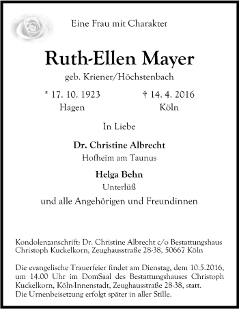 Anzeige von Ruth-Ellen Mayer von Kölner Stadt-Anzeiger / Kölnische Rundschau / Express