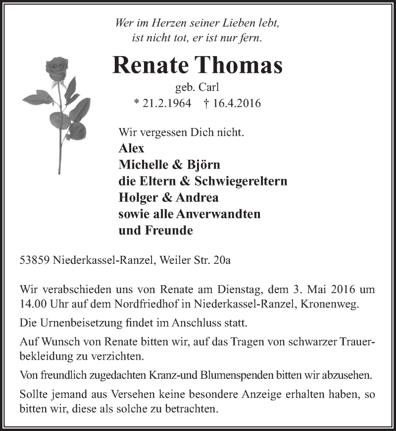  Traueranzeige für Renate Thomas vom 27.04.2016 aus  Extra Blatt 