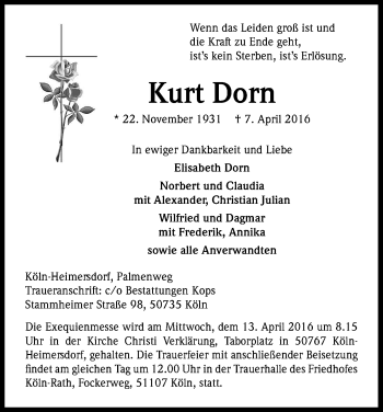 Anzeige von Kurt Dorn von Kölner Stadt-Anzeiger / Kölnische Rundschau / Express
