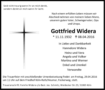 Anzeige von Gottfried Widera von Kölner Stadt-Anzeiger / Kölnische Rundschau / Express