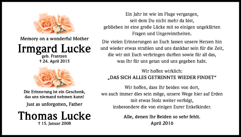  Traueranzeige für Thomas Lucke vom 23.04.2016 aus Kölner Stadt-Anzeiger / Kölnische Rundschau / Express