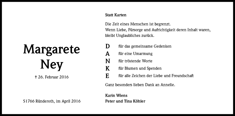 Traueranzeige für Margarete Ney vom 02.04.2016 aus Kölner Stadt-Anzeiger / Kölnische Rundschau / Express