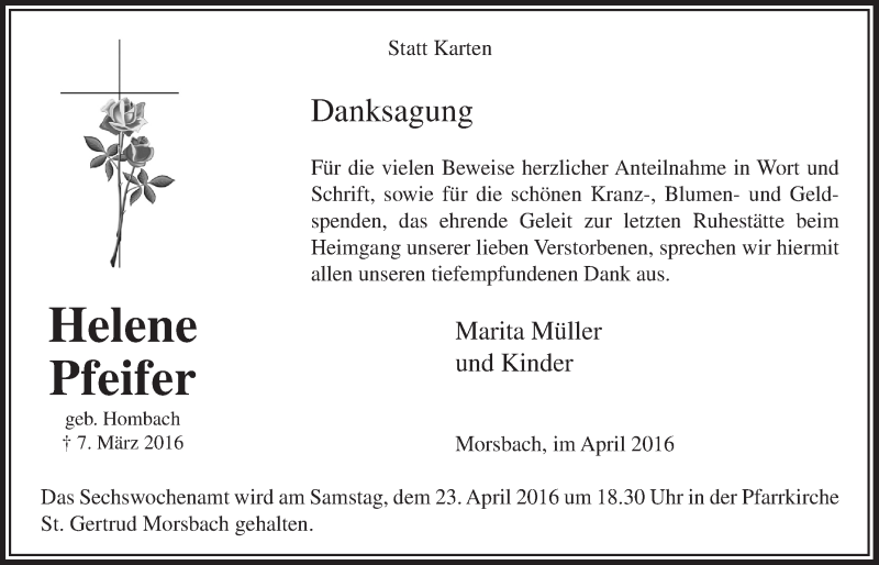  Traueranzeige für Helene Pfeifer vom 20.04.2016 aus  Lokalanzeiger 