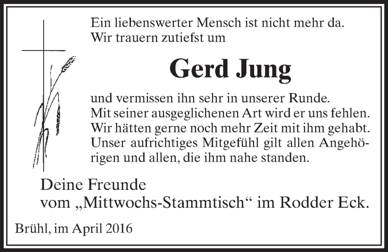  Traueranzeige für Gerd Jung vom 27.04.2016 aus  Schlossbote/Werbekurier 