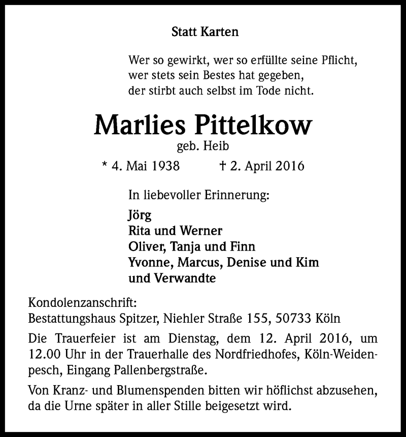  Traueranzeige für Marlies Pittelkow vom 09.04.2016 aus Kölner Stadt-Anzeiger / Kölnische Rundschau / Express