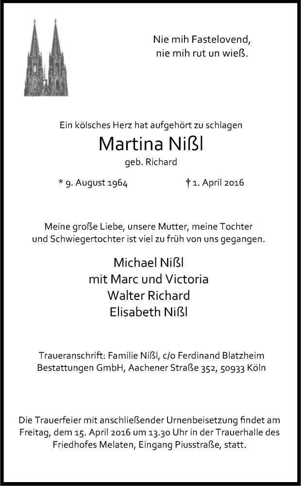  Traueranzeige für Martina Nißl vom 09.04.2016 aus Kölner Stadt-Anzeiger / Kölnische Rundschau / Express