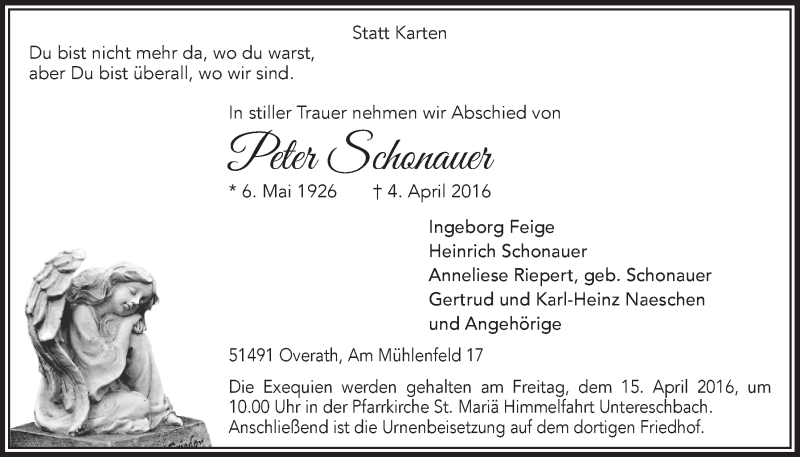  Traueranzeige für Peter Schonauer vom 13.04.2016 aus  Bergisches Handelsblatt 