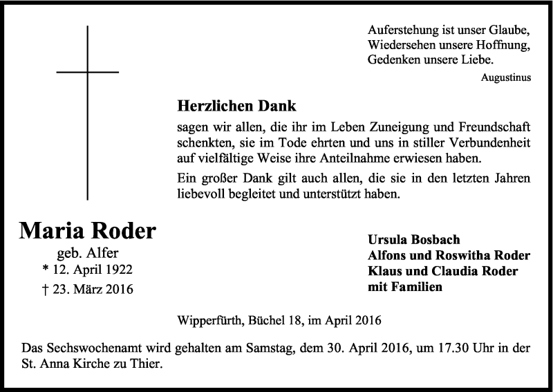  Traueranzeige für Maria Roder vom 23.04.2016 aus Kölner Stadt-Anzeiger / Kölnische Rundschau / Express