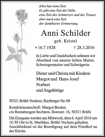 Anzeige von Anni Schilder von  Schlossbote/Werbekurier 