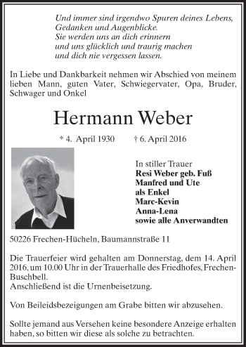 Anzeige von Hermann Weber von  Sonntags-Post 