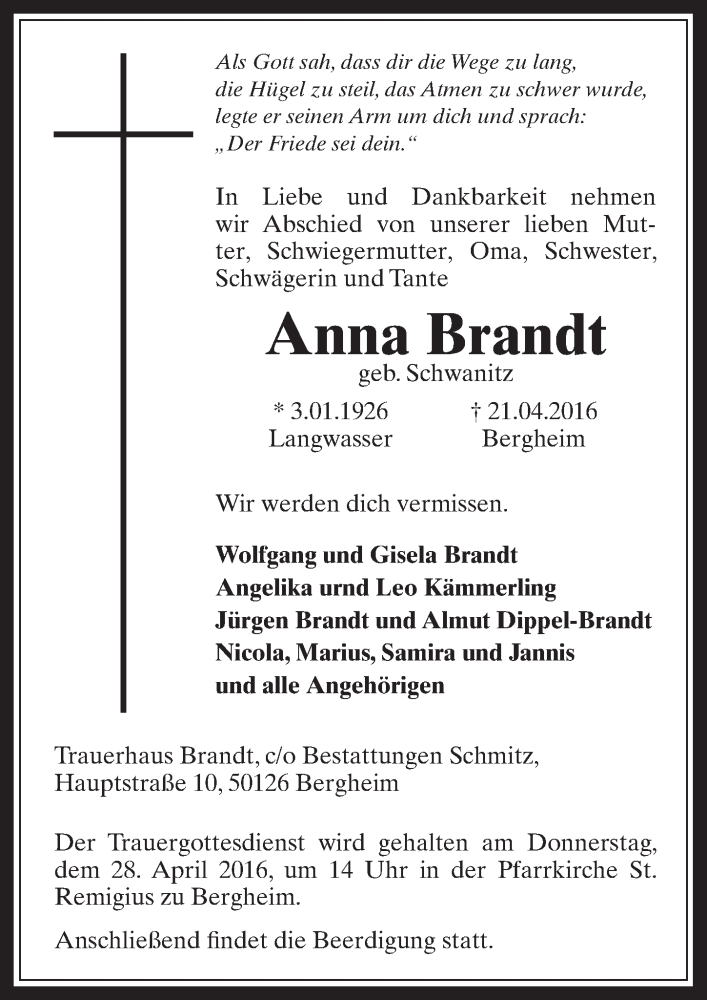  Traueranzeige für Anna Brandt vom 27.04.2016 aus  Werbepost 