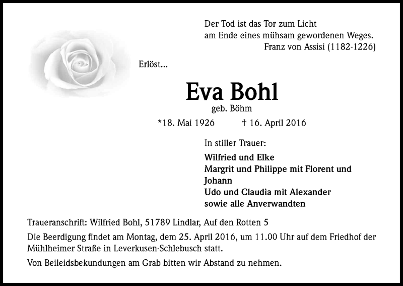  Traueranzeige für Eva Bohl vom 20.04.2016 aus Kölner Stadt-Anzeiger / Kölnische Rundschau / Express