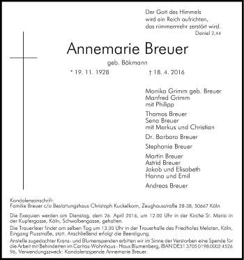 Anzeige von Annemarie Breuer von Kölner Stadt-Anzeiger / Kölnische Rundschau / Express