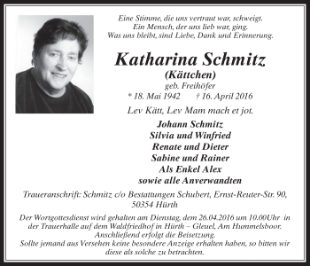 Anzeige von Katharina Schmitz von  Wochenende 
