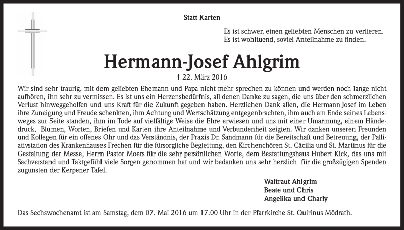  Traueranzeige für Hermann-Josef Ahlgrim vom 27.04.2016 aus  Werbepost 