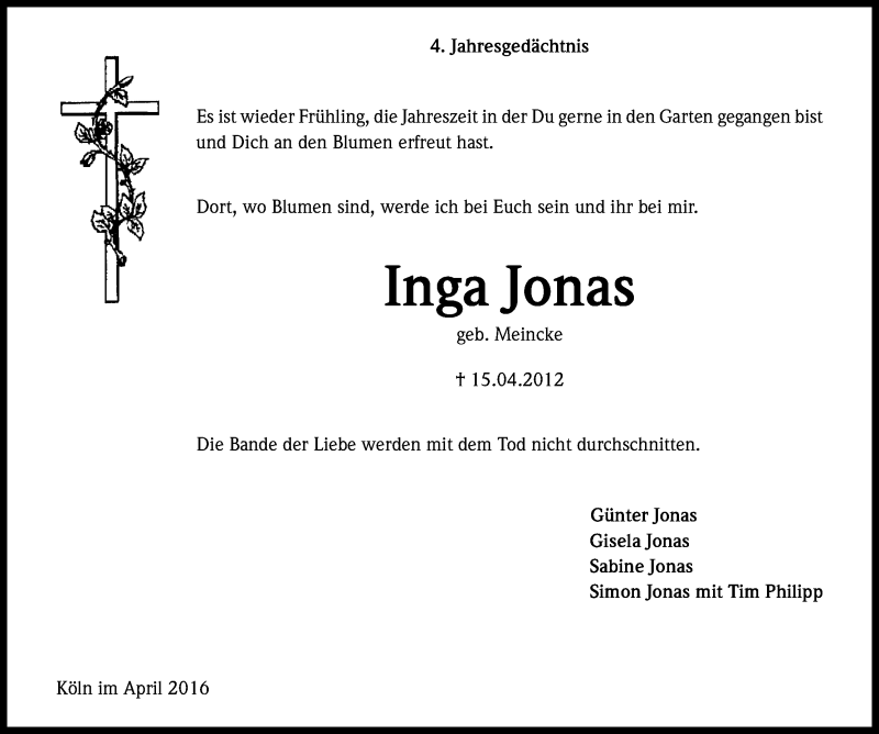  Traueranzeige für Inga Jonas vom 16.04.2016 aus Kölner Stadt-Anzeiger / Kölnische Rundschau / Express