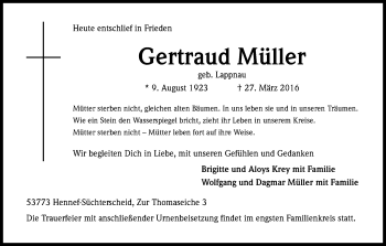 Anzeige von Gertraud Müller von Kölner Stadt-Anzeiger / Kölnische Rundschau / Express