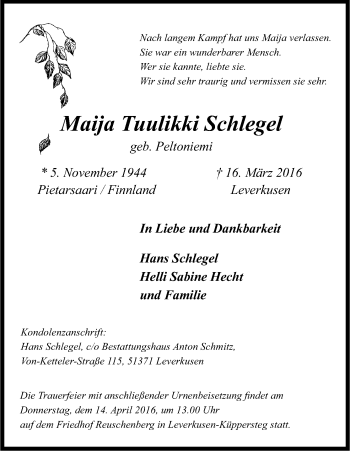 Anzeige von Maija Tuulikki Schlegel von Kölner Stadt-Anzeiger / Kölnische Rundschau / Express