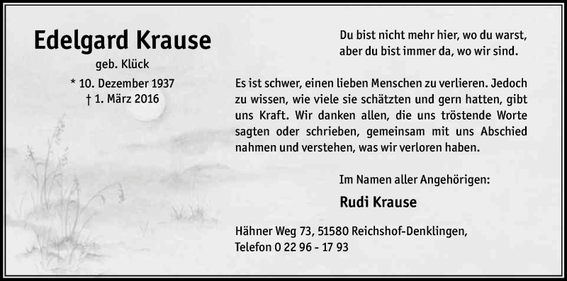  Traueranzeige für Edelgard Krause vom 02.04.2016 aus Kölner Stadt-Anzeiger / Kölnische Rundschau / Express