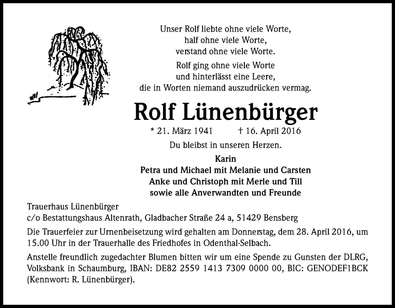  Traueranzeige für Rolf Lünenbürger vom 23.04.2016 aus Kölner Stadt-Anzeiger / Kölnische Rundschau / Express