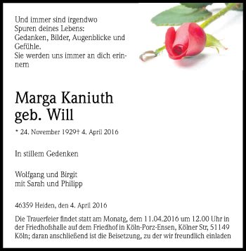 Anzeige von Marga Kaniuth von Kölner Stadt-Anzeiger / Kölnische Rundschau / Express
