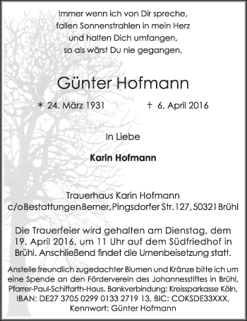 Anzeige von Günter Hofmann von  Schlossbote/Werbekurier 