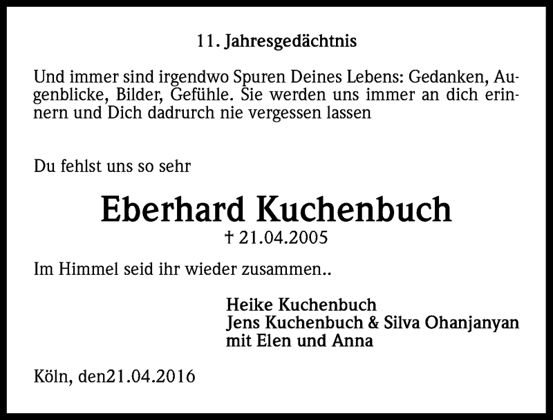  Traueranzeige für Eberhard Kuchenbuch vom 21.04.2016 aus Kölner Stadt-Anzeiger / Kölnische Rundschau / Express
