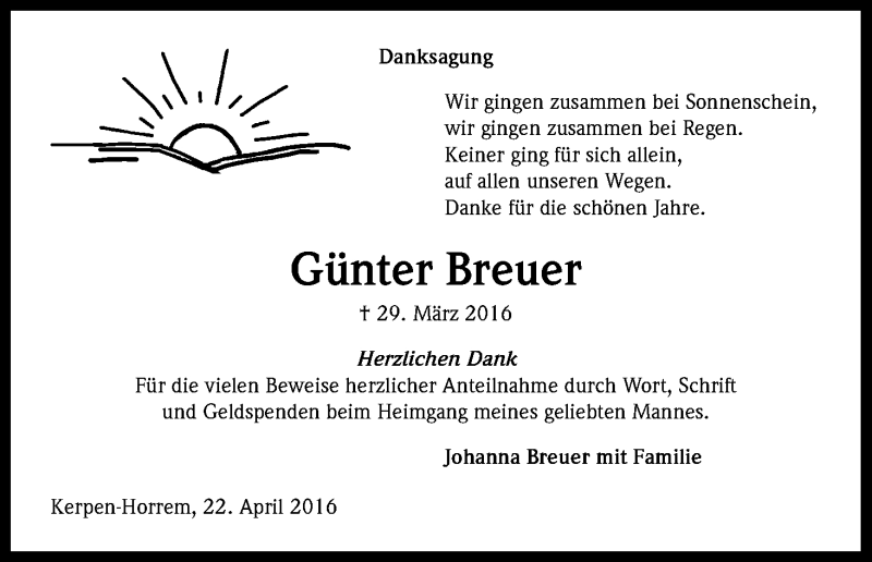  Traueranzeige für Günter Breuer vom 23.04.2016 aus Kölner Stadt-Anzeiger / Kölnische Rundschau / Express