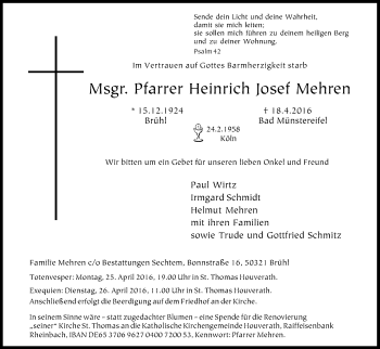 Anzeige von Heinrich Josef Mehren von Kölner Stadt-Anzeiger / Kölnische Rundschau / Express