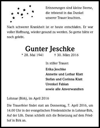 Anzeige von Gunter Jeschke von Kölner Stadt-Anzeiger / Kölnische Rundschau / Express