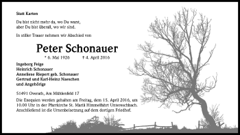 Anzeige von Peter Schonauer von Kölner Stadt-Anzeiger / Kölnische Rundschau / Express