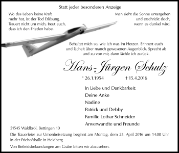 Anzeige von Hans-Jürgen Schulz von  Anzeigen Echo  Lokalanzeiger 