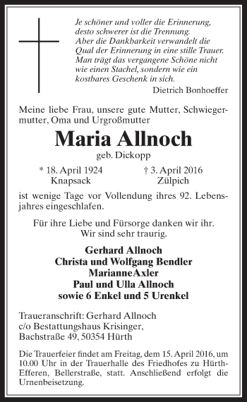 Anzeige von Maria Allnoch von  Wochenende  Werbepost 