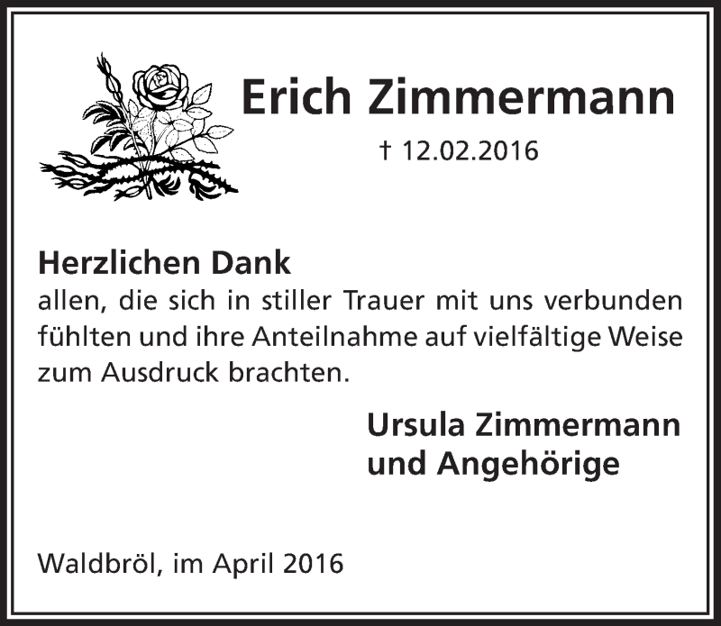  Traueranzeige für Erich Zimmermann vom 13.04.2016 aus  Lokalanzeiger 