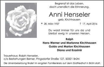 Anzeige von Anni Henseler von  Schlossbote/Werbekurier 
