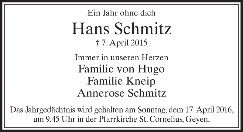  Traueranzeige für Hans Schmitz vom 09.04.2016 aus  Sonntags-Post 