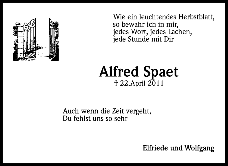  Traueranzeige für Alfred Spaet vom 22.04.2016 aus Kölner Stadt-Anzeiger / Kölnische Rundschau / Express