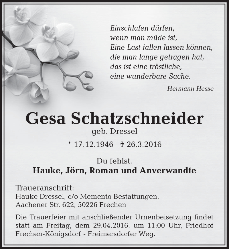  Traueranzeige für Gesa Schatzschneider vom 16.04.2016 aus  Sonntags-Post 