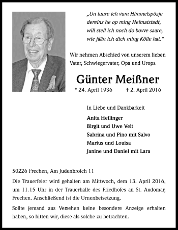 Anzeige von Günter Meißner von Kölner Stadt-Anzeiger / Kölnische Rundschau / Express