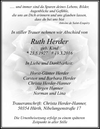 Anzeige von Ruth Herder von Kölner Stadt-Anzeiger / Kölnische Rundschau / Express