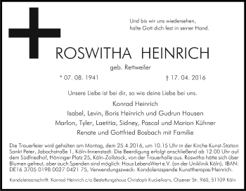Anzeige von Roswitha Heinrich von Kölner Stadt-Anzeiger / Kölnische Rundschau / Express