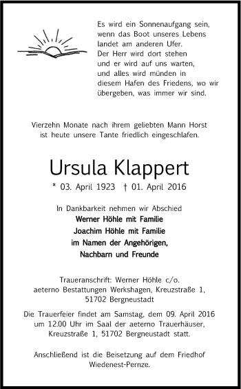 Anzeige von Ursula Klappert von Kölner Stadt-Anzeiger / Kölnische Rundschau / Express