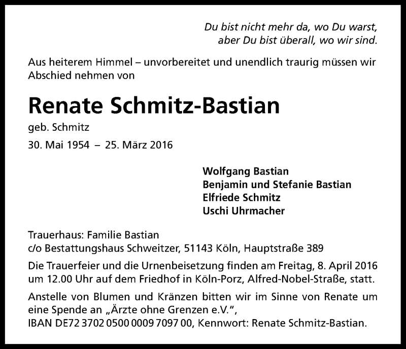  Traueranzeige für Renate Schmitz-Bastian vom 02.04.2016 aus Kölner Stadt-Anzeiger / Kölnische Rundschau / Express