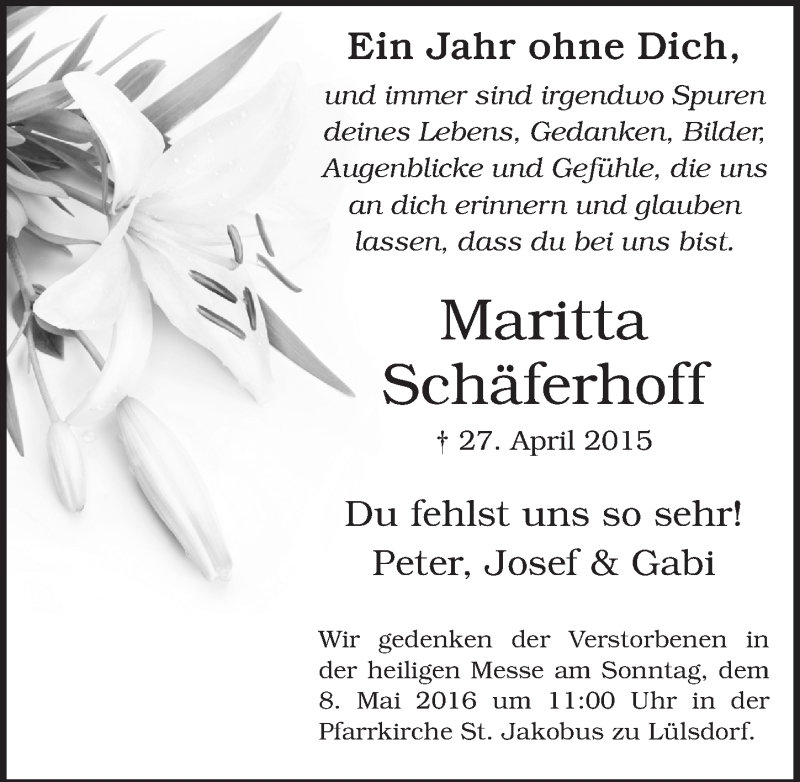  Traueranzeige für Marita Schäferhoff vom 27.04.2016 aus  Kölner Wochenspiegel  Extra Blatt 