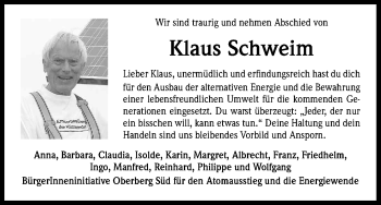 Anzeige von Klaus Schweim von Kölner Stadt-Anzeiger / Kölnische Rundschau / Express